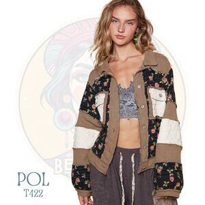 T422 POL Moss Indigo Jacquard Waffle Colorblock Floral Jacket